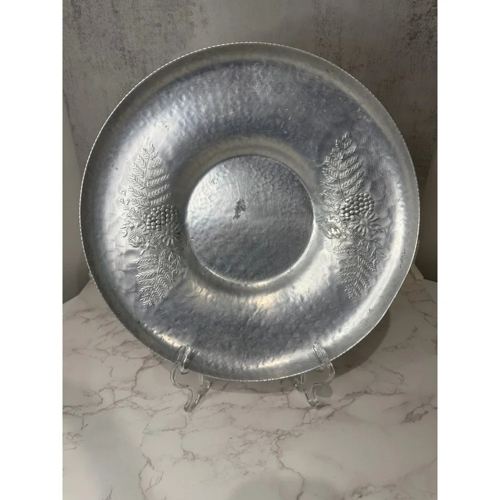 Vintage Canterbury Hammered Aluminum Tray Floral Fern Grape Serving Platter 13in